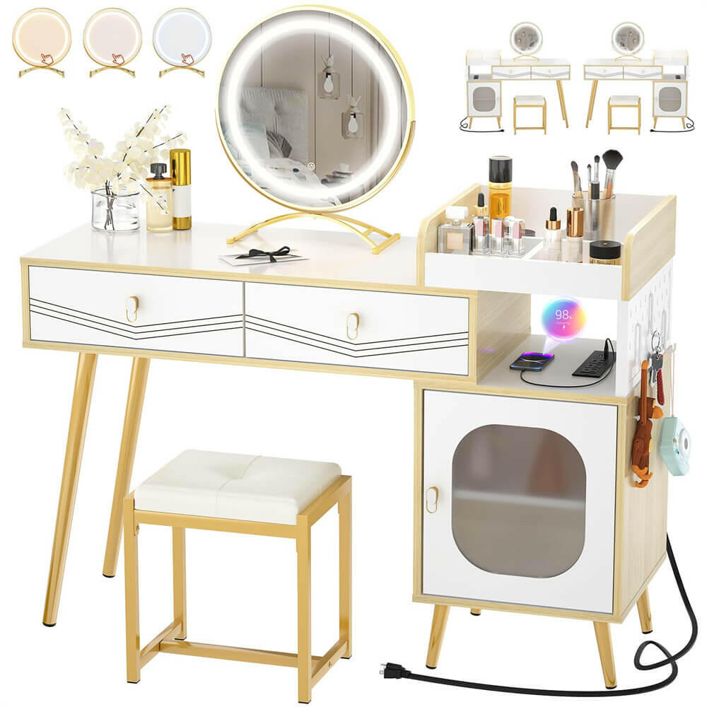 Unikito Vanity Desk with Charging Station, White Makeup Vanity with Lighted Mirror, Tri-Fold, Small Vanity Set with Drawers and 3 Outlets & 2 USB, 36'' Vanitys with Stool, Dressing Table