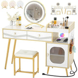 Unikito Vanity Desk with Charging Station, White Makeup Vanity with Lighted Mirror, Tri-Fold, Small Vanity Set with Drawers and 3 Outlets & 2 USB, 36'' Vanitys with Stool, Dressing Table