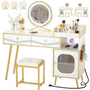 Unikito Vanity Desk with Charging Station, White Makeup Vanity with Lighted Mirror, Tri-Fold, Small Vanity Set with Drawers and 3 Outlets & 2 USB, 36'' Vanitys with Stool, Dressing Table