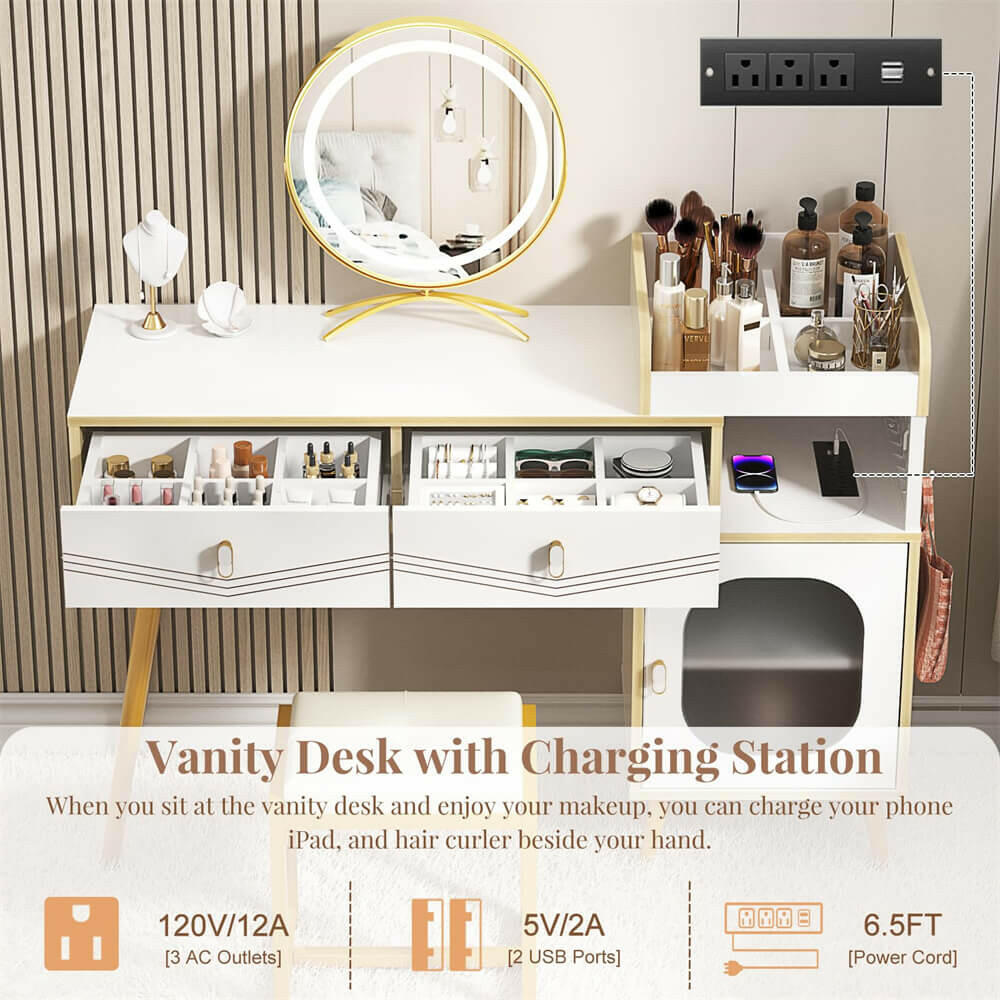 Unikito Vanity Desk with Charging Station, White Makeup Vanity with Lighted Mirror, Tri-Fold, Small Vanity Set with Drawers and 3 Outlets & 2 USB, 36'' Vanitys with Stool, Dressing Table