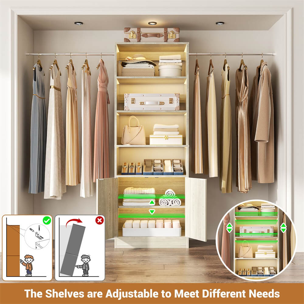 8FT Wooden Clothes Organizer System with Door, Storage Shelves, and Hanging Rods