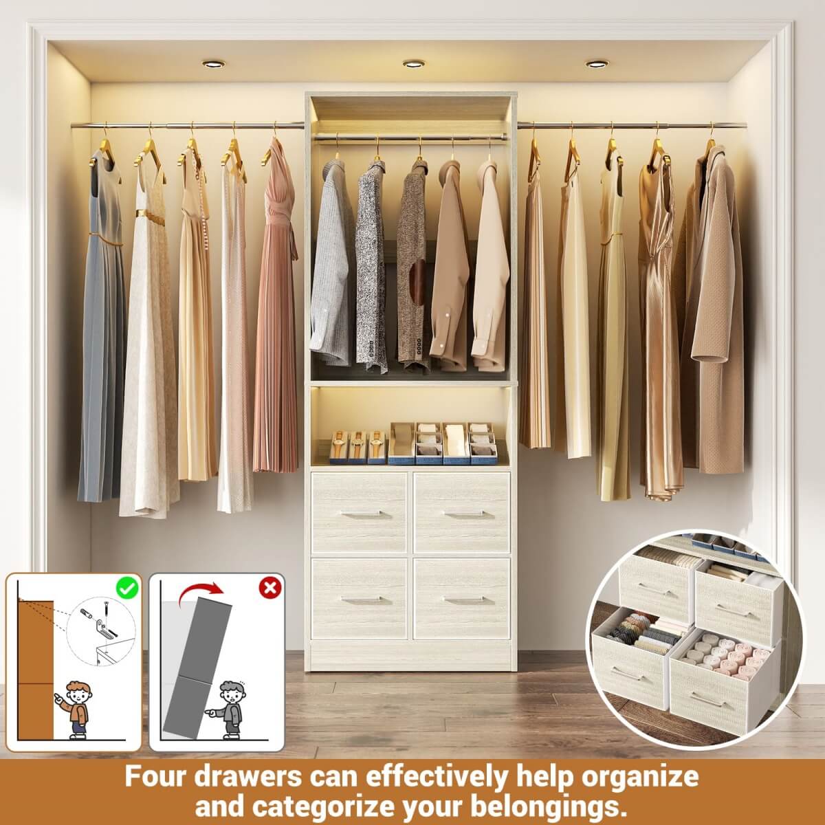 96 Inch Walk-in Closet Organizer System with 4 Fabric Drawers and 3 Hanging Rods, 1000 lbs Capacity