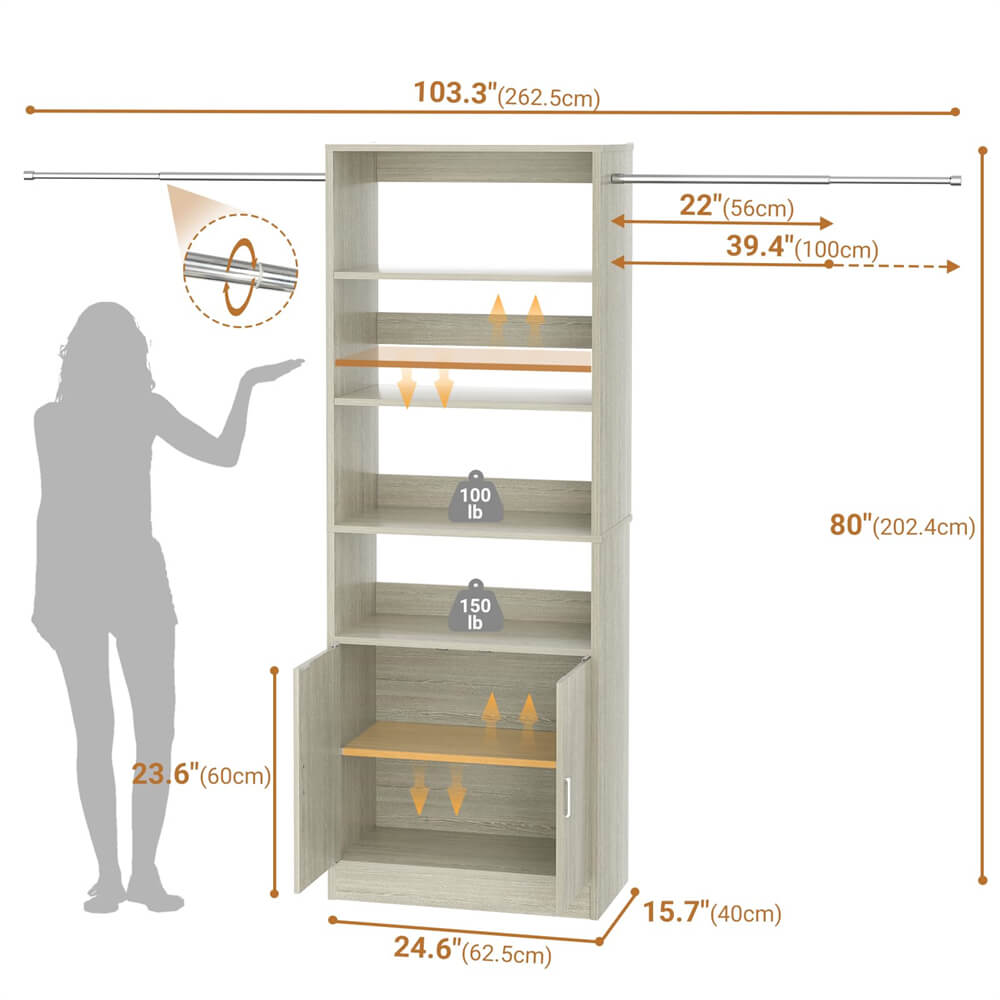 8FT Wooden Clothes Organizer System with Door, Storage Shelves, and Hanging Rods