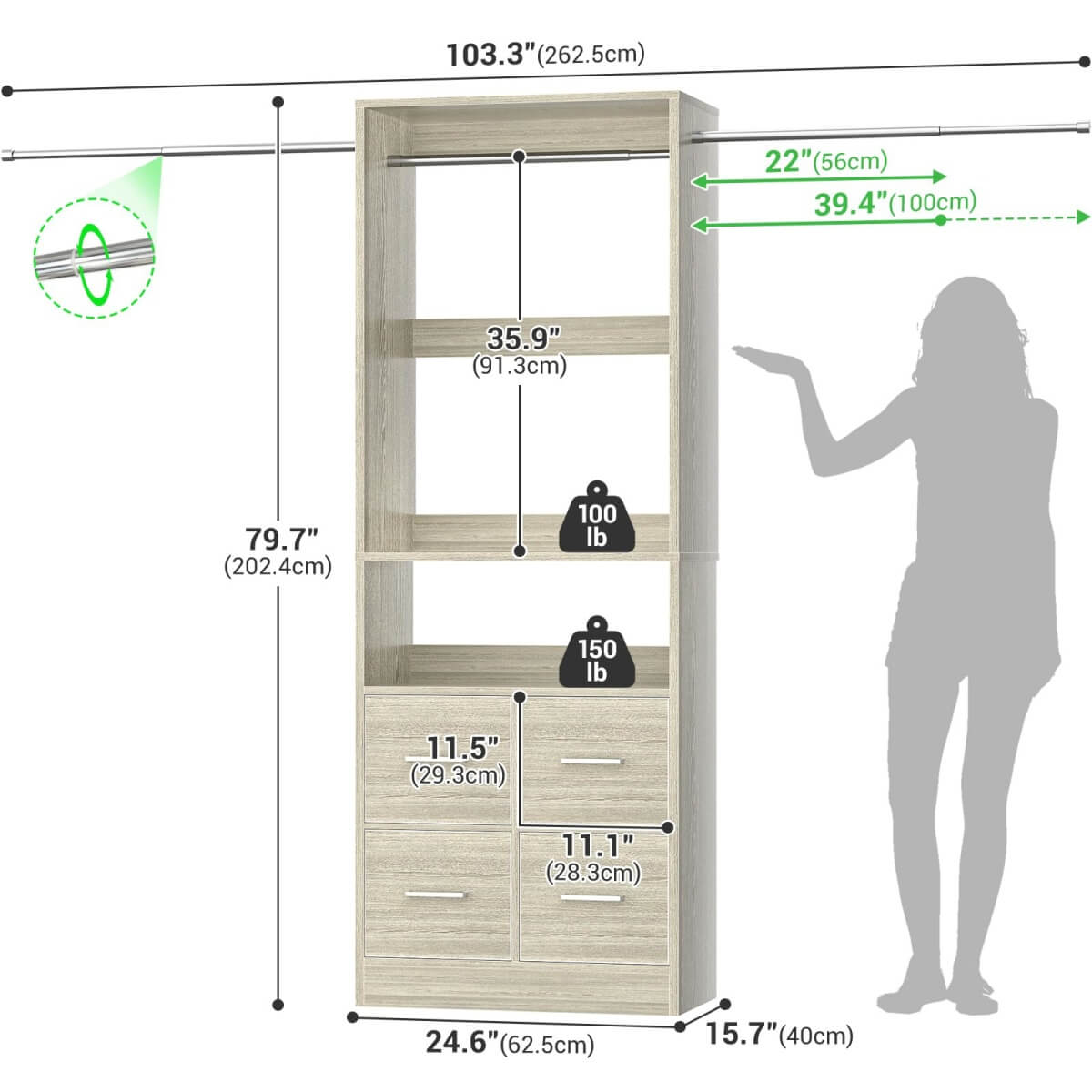 96 Inch Walk-in Closet Organizer System with 4 Fabric Drawers and 3 Hanging Rods, 1000 lbs Capacity