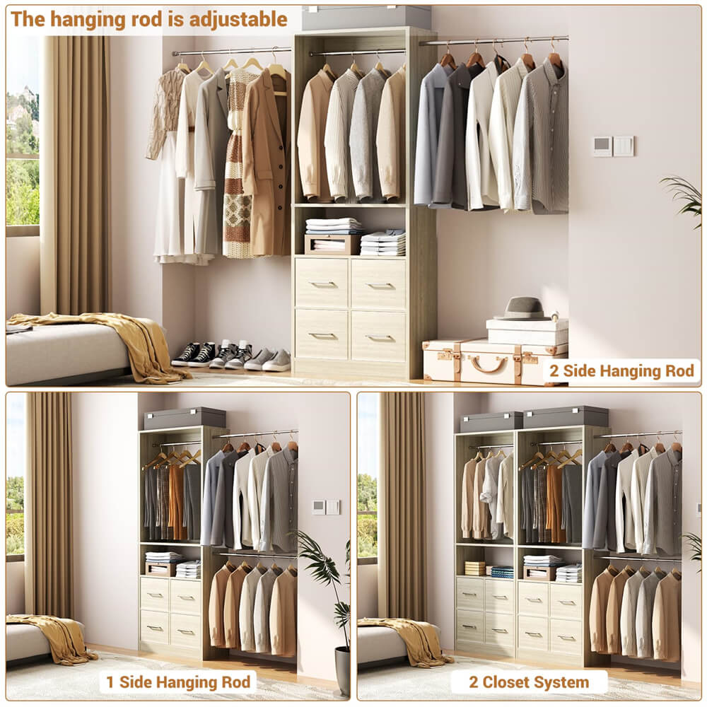 8FT Wooden Clothes Organizer System with Door, Storage Shelves, and Hanging Rods