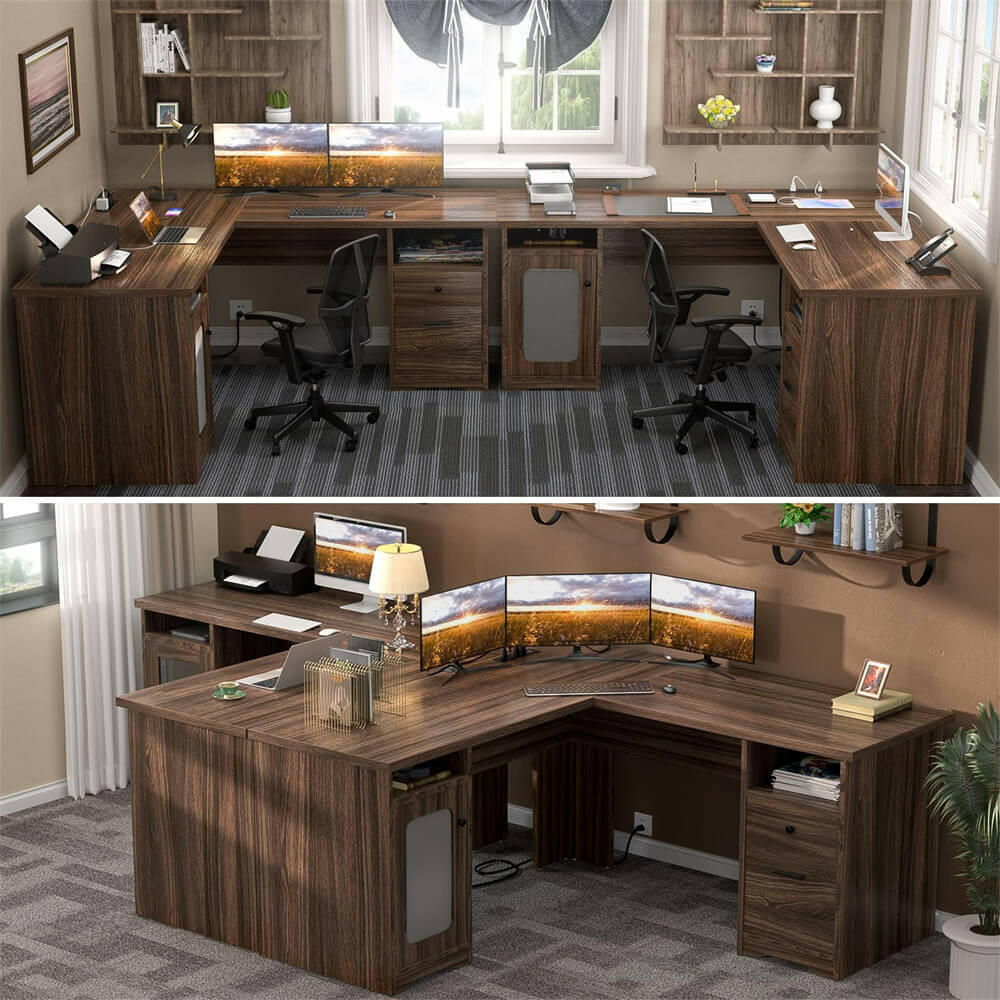 Unikito L Shaped Office Desk with Drawers, 60 Inch Corner Desk with Power Outlet and USB Charging Ports, Large Computer Desk with File Cabinets, Executive Desk with Storage Cabinet