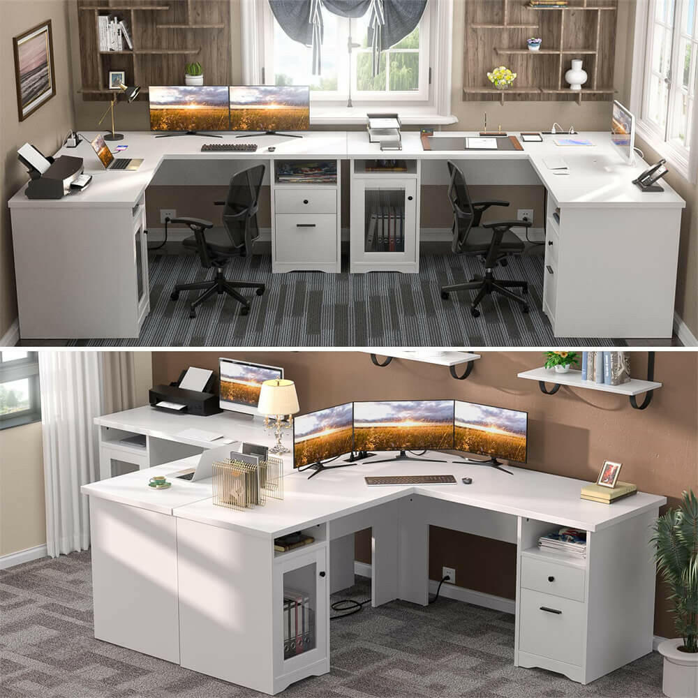 Unikito L Shaped Office Desk with Drawers, 60 Inch Corner Desk with Power Outlet and USB Charging Ports, Large Computer Desk with File Cabinets, Executive Desk with Storage Cabinet