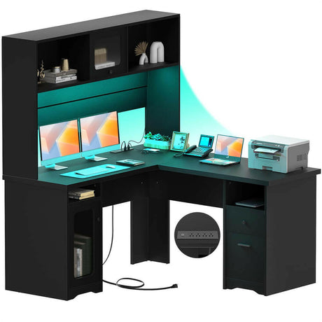 Unikito L Shaped Desk with Drawers, 60 Inch Office Desk with Power Outlet and LED Lights, Sturdy Corner Computer Desk with Hutch and File Cabinets, 2 Person Home Office Gaming Table