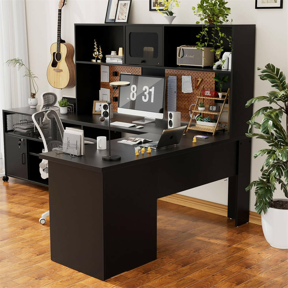 Unikito L Shaped Desk with Drawers, 60 Inch Office Desk with Power Outlet and LED Lights, Sturdy Corner Computer Desk with Hutch and File Cabinets, 2 Person Home Office Gaming Table