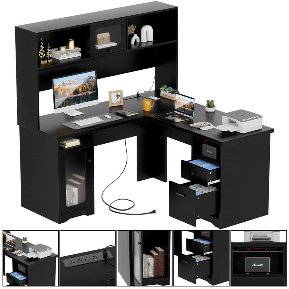 Unikito L Shaped Desk with Drawers, 60 Inch Office Desk with Power Outlet and LED Lights, Sturdy Corner Computer Desk with Hutch and File Cabinets, 2 Person Home Office Gaming Table