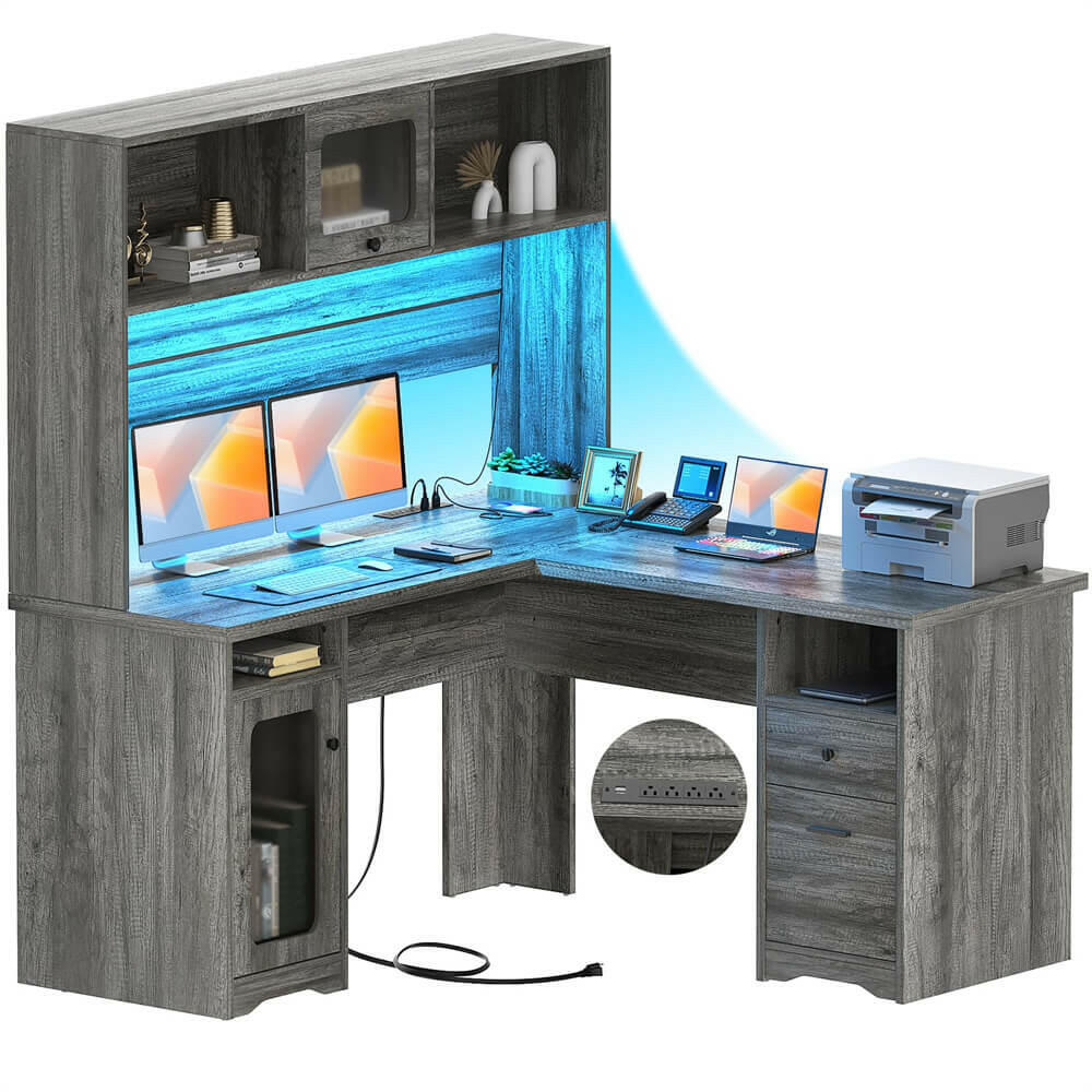 Unikito L Shaped Desk with Drawers, 60 Inch Office Desk with Power Outlet and LED Lights, Sturdy Corner Computer Desk with Hutch and File Cabinets, 2 Person Home Office Gaming Table