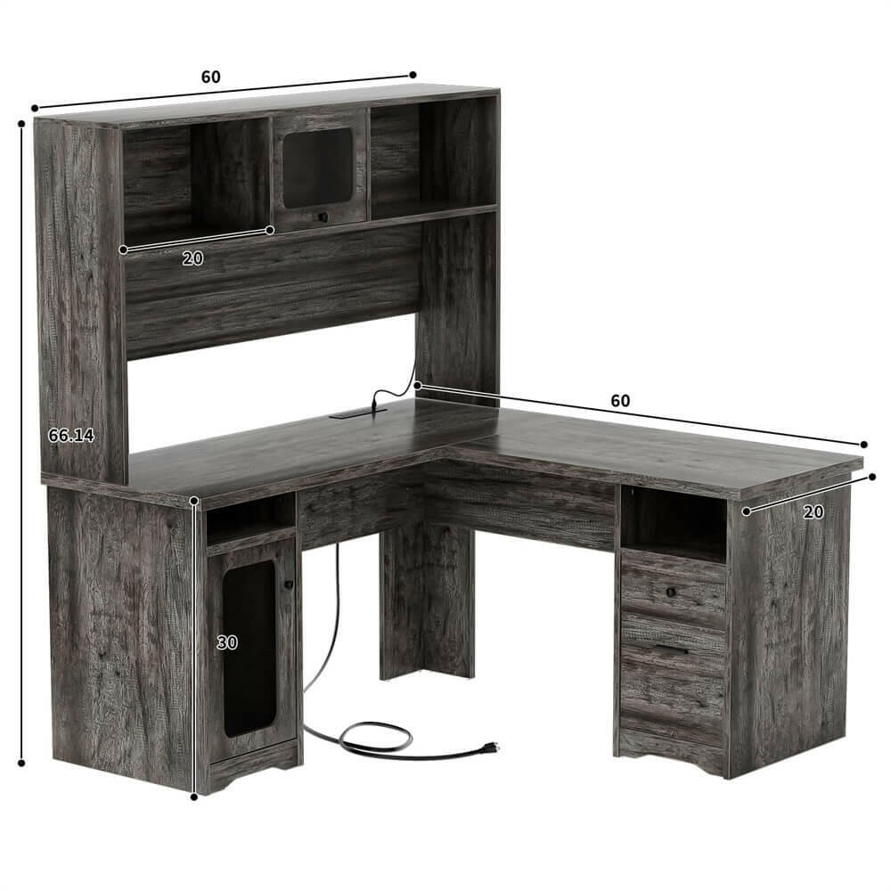 Unikito L Shaped Desk with Drawers, 60 Inch Office Desk with Power Outlet and LED Lights, Sturdy Corner Computer Desk with Hutch and File Cabinets, 2 Person Home Office Gaming Table