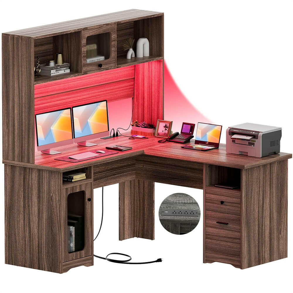 Unikito L Shaped Desk with Drawers, 60 Inch Office Desk with Power Outlet and LED Lights, Sturdy Corner Computer Desk with Hutch and File Cabinets, 2 Person Home Office Gaming Table