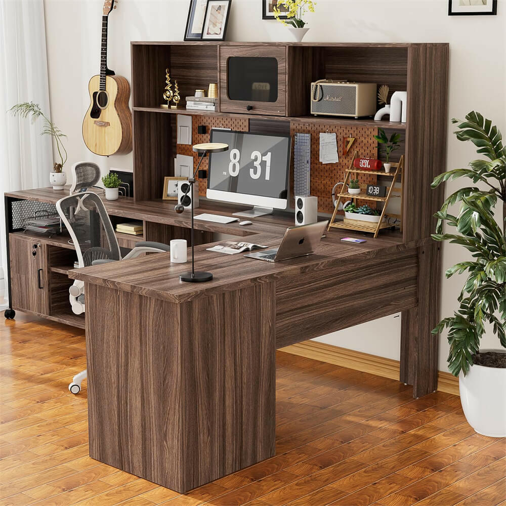 Unikito L Shaped Desk with Drawers, 60 Inch Office Desk with Power Outlet and LED Lights, Sturdy Corner Computer Desk with Hutch and File Cabinets, 2 Person Home Office Gaming Table