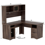 Unikito L Shaped Desk with Drawers, 60 Inch Office Desk with Power Outlet and LED Lights, Sturdy Corner Computer Desk with Hutch and File Cabinets, 2 Person Home Office Gaming Table