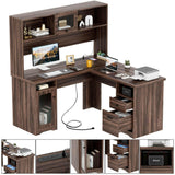 Unikito L Shaped Desk with Drawers, 60 Inch Office Desk with Power Outlet and LED Lights, Sturdy Corner Computer Desk with Hutch and File Cabinets, 2 Person Home Office Gaming Table