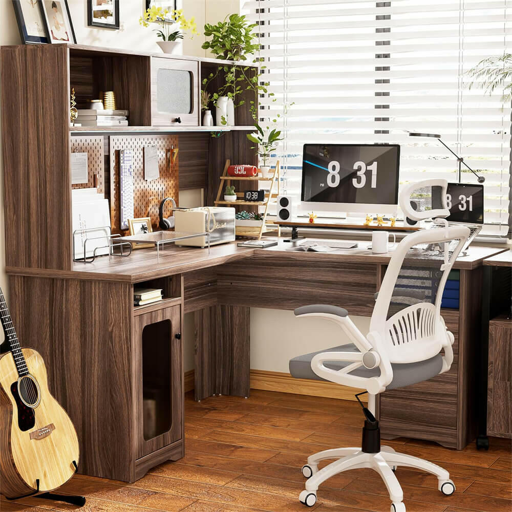 Unikito L Shaped Desk with Drawers, 60 Inch Office Desk with Power Outlet and LED Lights, Sturdy Corner Computer Desk with Hutch and File Cabinets, 2 Person Home Office Gaming Table