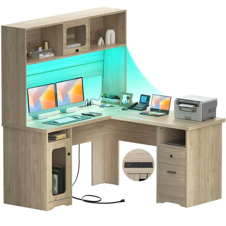 Unikito L Shaped Desk with Drawers, 60 Inch Office Desk with Power Outlet and LED Lights, Sturdy Corner Computer Desk with Hutch and File Cabinets, 2 Person Home Office Gaming Table