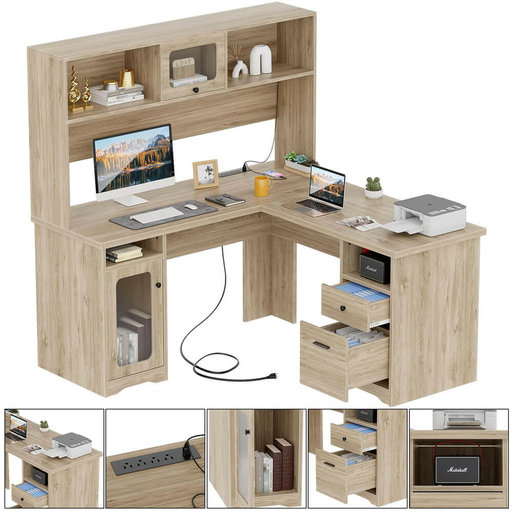 Unikito L Shaped Desk with Drawers, 60 Inch Office Desk with Power Outlet and LED Lights, Sturdy Corner Computer Desk with Hutch and File Cabinets, 2 Person Home Office Gaming Table