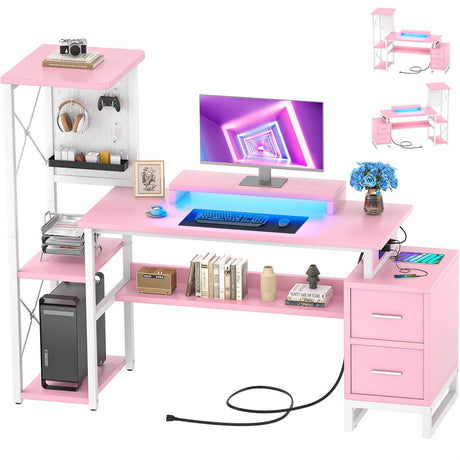 53 Inch Computer Desk with 2 Fabric Drawers, Reversible Home Office Desk with LED Lights, Power Outlets, Side Tall Shelf