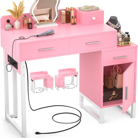 Makeup Vanity Desk with 4 Storage Drawers and Charging Station