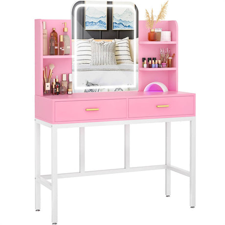 Vanity Desk with Lighted Mirror and 2 Wooden Drawers, Makeup Vanity Desk with 3 Shelves, for Bedroom