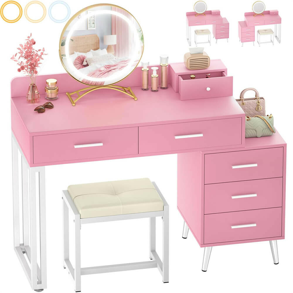 Unikito Vanity Desk with Mirror and Lights, Modern Makeup Vanity Table Set with 6 Storage Drawers and Cushioned Stool for Bedroom, Dressing Table with Divided Organizers for Women Girls