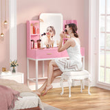 Vanity Desk with Lighted Mirror and 2 Wooden Drawers, Makeup Vanity Desk with 3 Shelves, for Bedroom