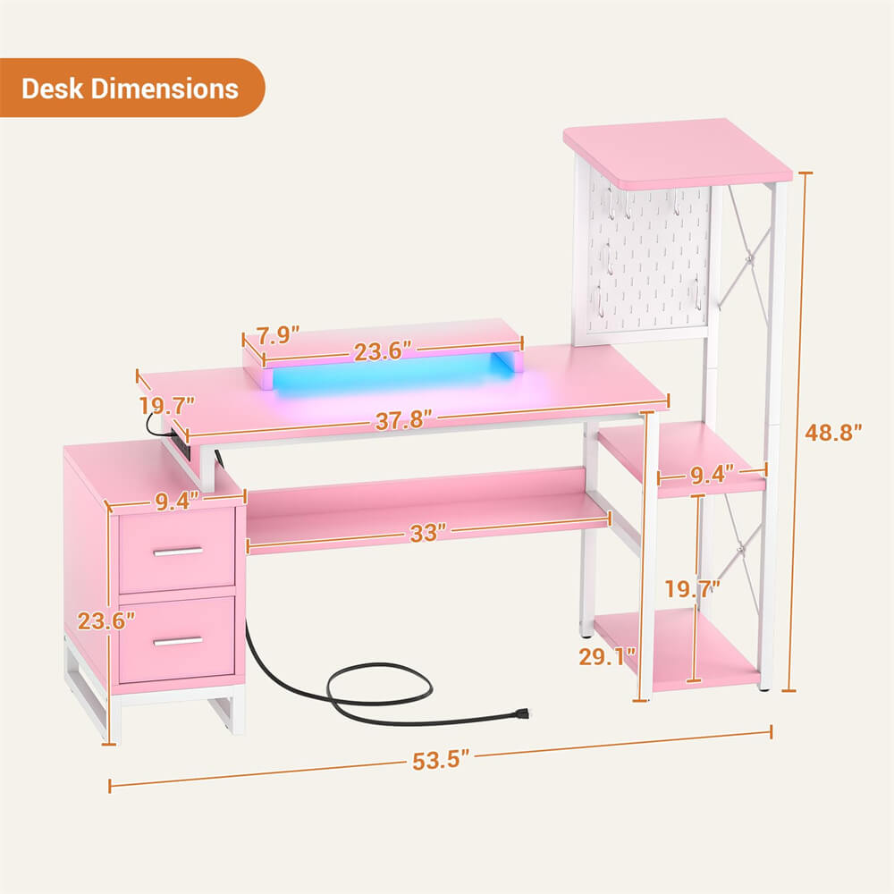 53 Inch Computer Desk with 2 Fabric Drawers, Reversible Home Office Desk with LED Lights, Power Outlets, Side Tall Shelf