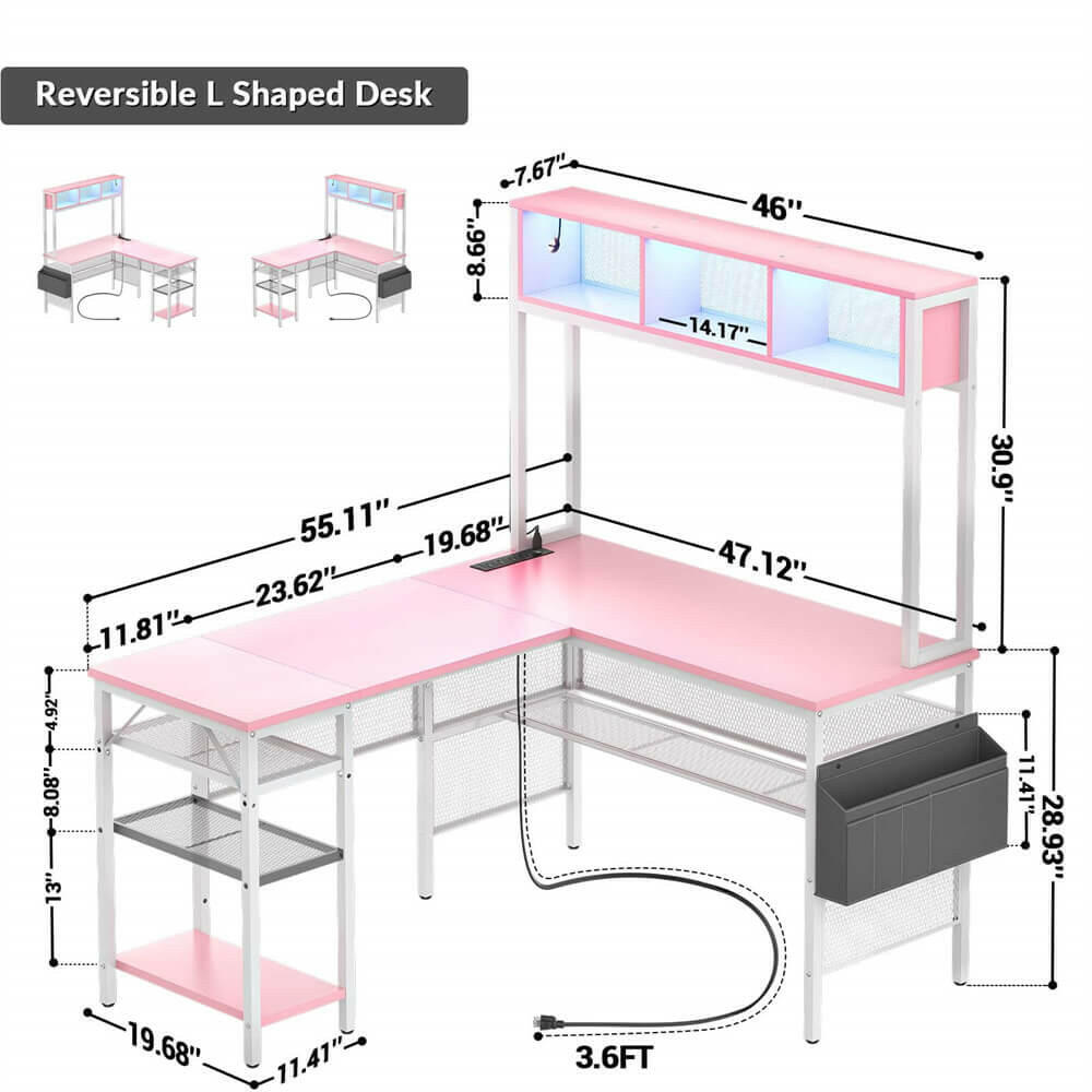 Unikito L Shaped Computer Desk with LED Strip and Power Outlets, Reversible L-Shaped Corner Desk with Storage Shelves and Bag, Industrial Home Office Desk Gaming Table with USB Port