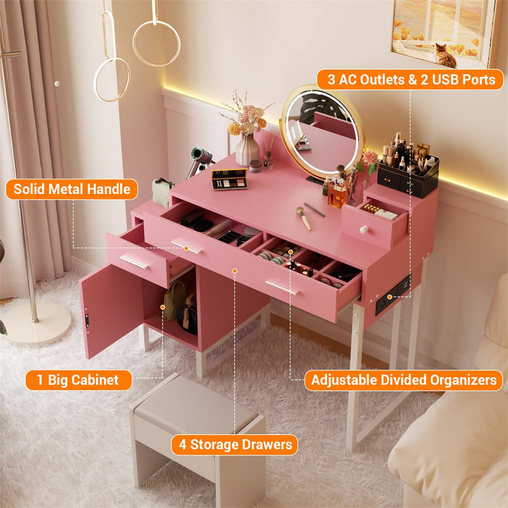 Makeup Vanity Desk with 4 Storage Drawers and Charging Station