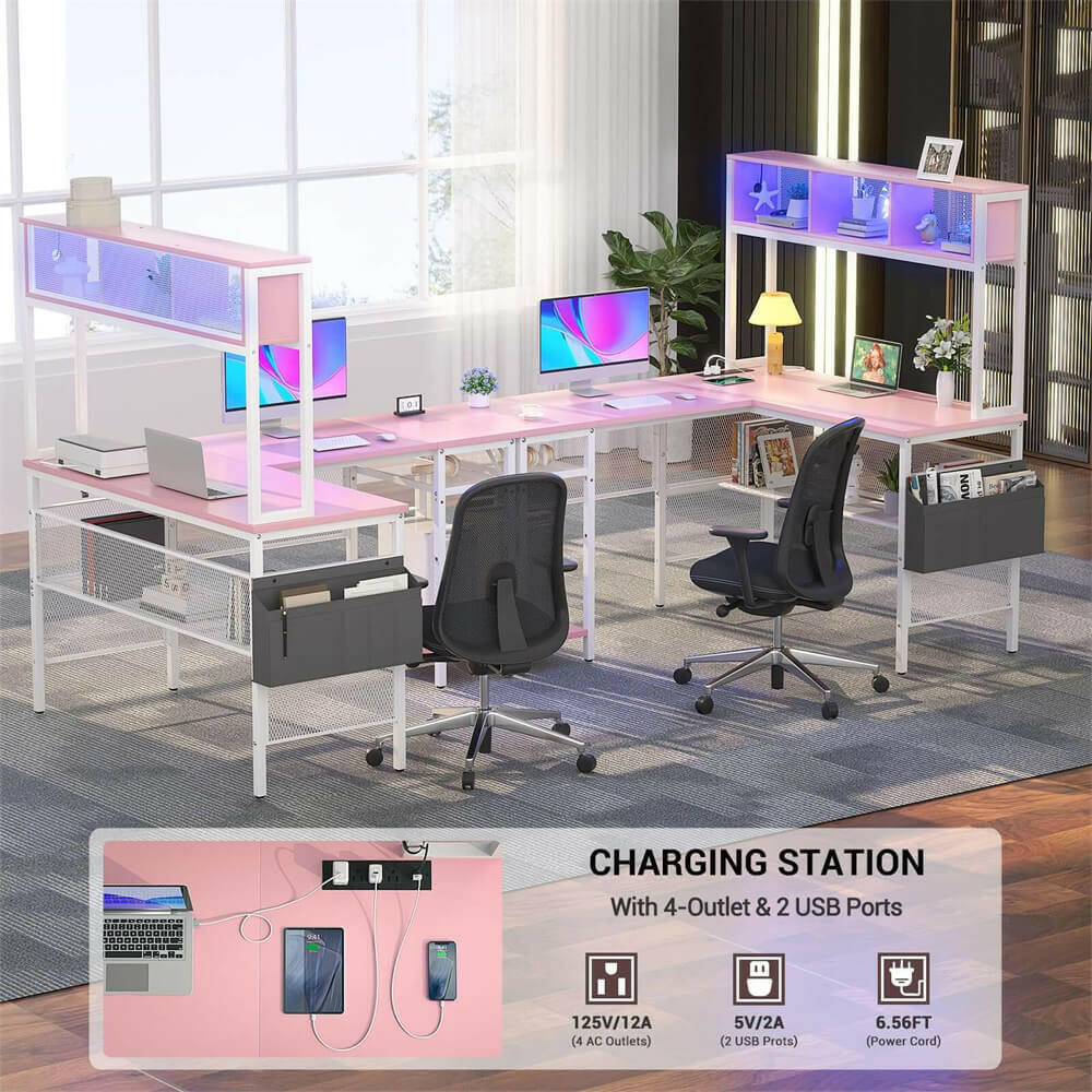 Unikito L Shaped Computer Desk with LED Strip and Power Outlets, Reversible L-Shaped Corner Desk with Storage Shelves and Bag, Industrial Home Office Desk Gaming Table with USB Port