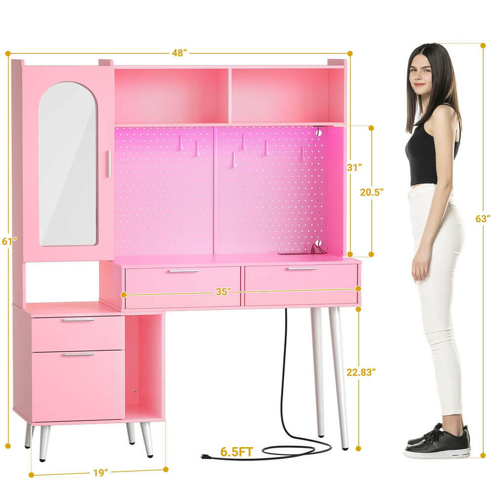 Unikito 48'' Makeup Vanity with Hutch, White Bedroom Vanity with Charging Station and LED, Tall Vanity Table with Pegboard, Mirror, 5 Big Drawers & Shelves, Cabinet, Bedroom Dressing Tables