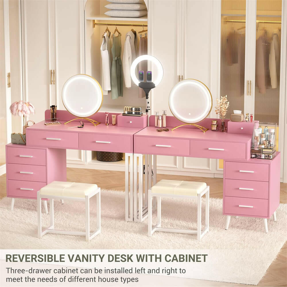 Unikito Vanity Desk with Mirror and Lights, Modern Makeup Vanity Table Set with 6 Storage Drawers and Cushioned Stool for Bedroom, Dressing Table with Divided Organizers for Women Girls