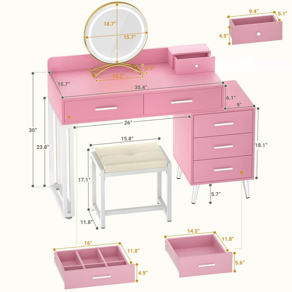 Unikito Vanity Desk with Mirror and Lights, Modern Makeup Vanity Table Set with 6 Storage Drawers and Cushioned Stool for Bedroom, Dressing Table with Divided Organizers for Women Girls