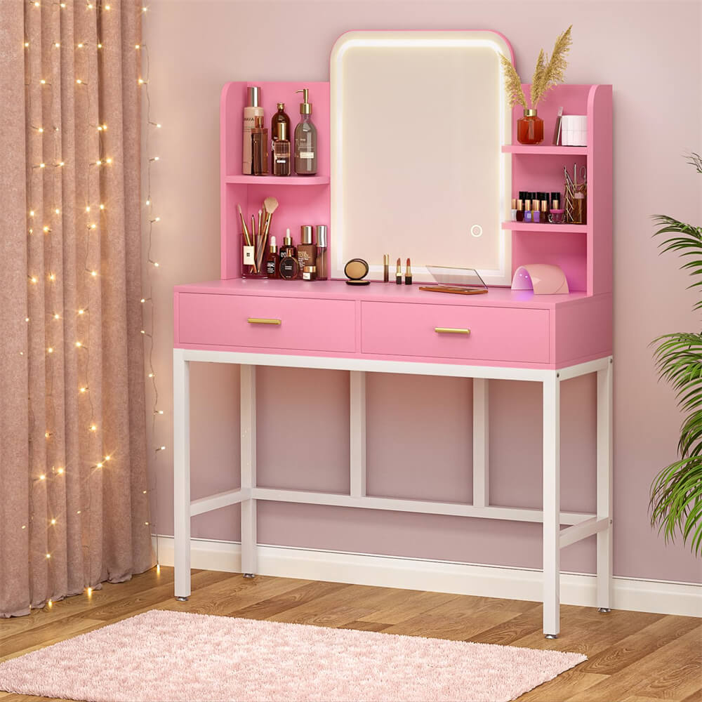 Vanity Desk with Lighted Mirror and 2 Wooden Drawers, Makeup Vanity Desk with 3 Shelves, for Bedroom