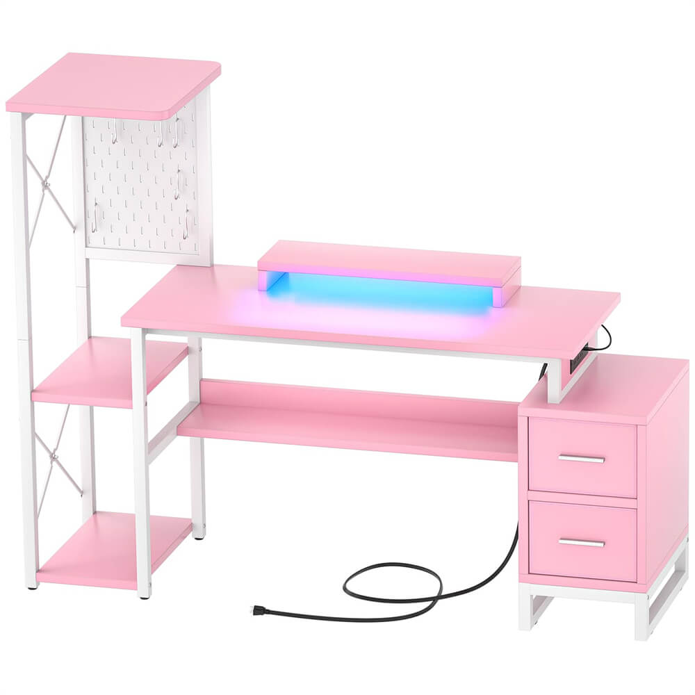 53 Inch Computer Desk with 2 Fabric Drawers, Reversible Home Office Desk with LED Lights, Power Outlets, Side Tall Shelf