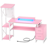 53 Inch Computer Desk with 2 Fabric Drawers, Reversible Home Office Desk with LED Lights, Power Outlets, Side Tall Shelf