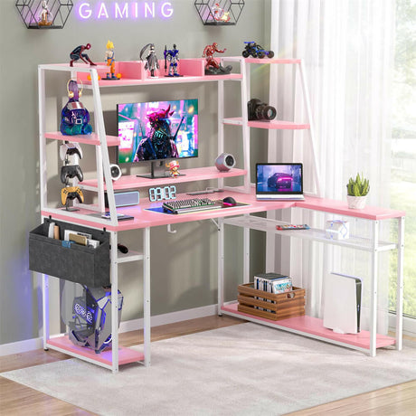 Unikito L Shaped Gaming Desk with Hutch & Shelves, 47'' Gaming Computer Desk with LED Lights & Power Strips, Reversible PC Gaming Desk L Shape with Storage, L Desk for Gaming with Monitor Stand
