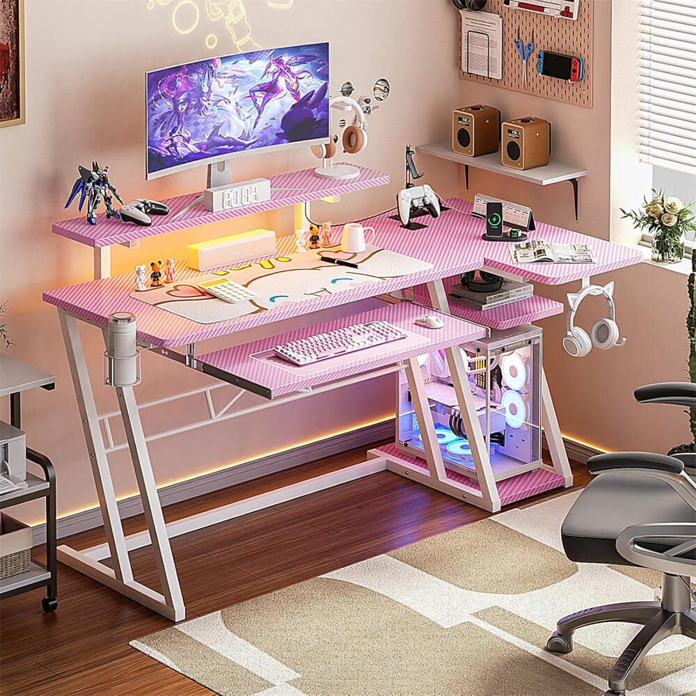 47'' Gaming Desk with Power Outlets and LED Lights, L Shaped Gaming Desk with Keyboard Holder