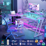 47'' Gaming Desk with Power Outlets and LED Lights, L Shaped Gaming Desk with Keyboard Holder