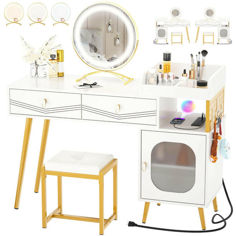 Unikito Vanity Desk with Charging Station, White Makeup Vanity with Lighted Mirror, Tri-Fold, Small Vanity Set with Drawers and 3 Outlets & 2 USB, 36'' Vanitys with Stool, Dressing Table