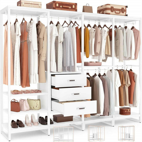 Unikito Clothes Rack Wardrobe Closet for Hanging Clothes Heavy Duty Garment Rack, Large Corner L Shaped Closet System Organizers Walk-in Closet for Bedroom with 11 Shelves, 3 Wood Drawers