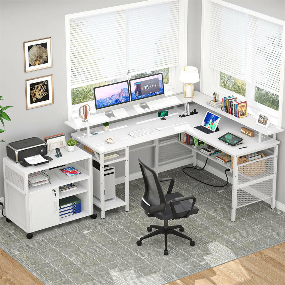 Unikito Reversible L Shaped Desk, Cool 55 Inch Corner Computer Desk with Smart Strip Light and Magic Power Outlet, Sturdy Office Table with Monitor Stand and Shelf, Elegant Grid Design