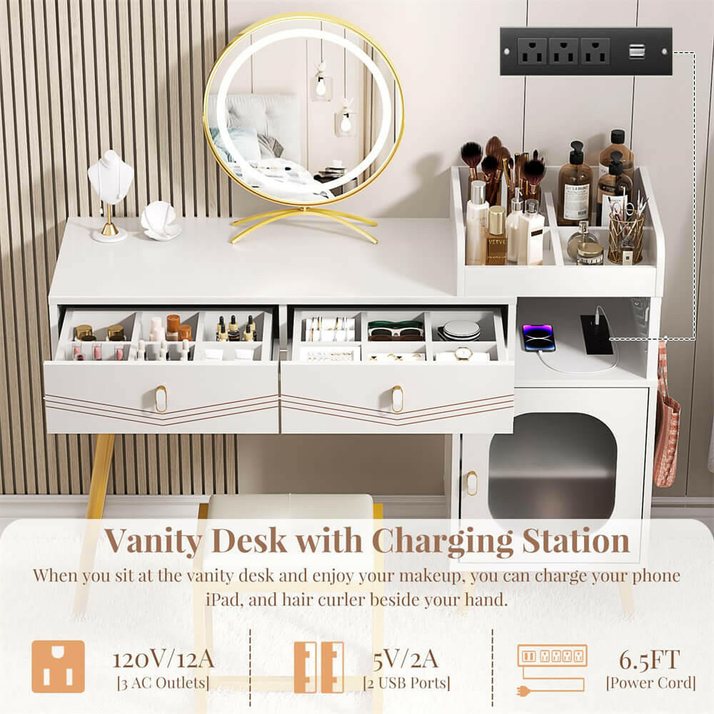 Unikito Vanity Desk with Charging Station, White Makeup Vanity with Lighted Mirror, Tri-Fold, Small Vanity Set with Drawers and 3 Outlets & 2 USB, 36'' Vanitys with Stool, Dressing Table