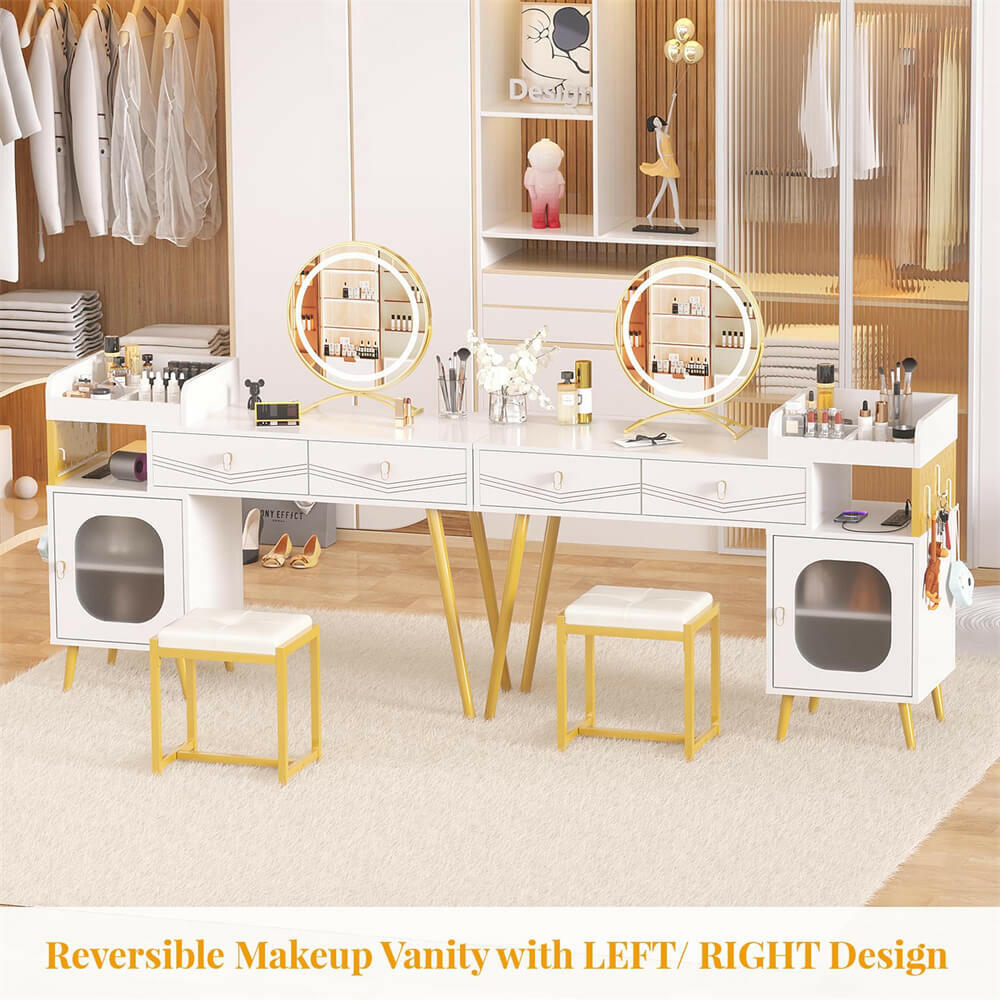 Unikito Vanity Desk with Charging Station, White Makeup Vanity with Lighted Mirror, Tri-Fold, Small Vanity Set with Drawers and 3 Outlets & 2 USB, 36'' Vanitys with Stool, Dressing Table