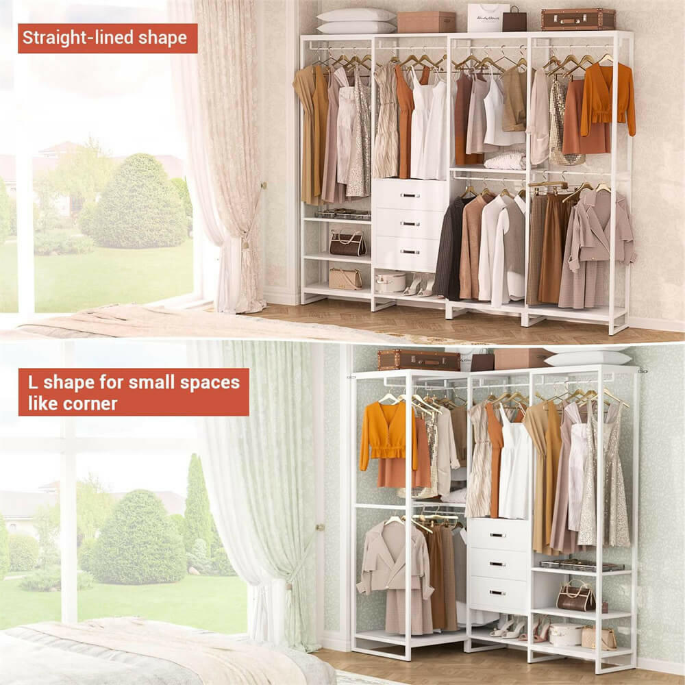 Unikito Clothes Rack Wardrobe Closet for Hanging Clothes Heavy Duty Garment Rack, Large Corner L Shaped Closet System Organizers Walk-in Closet for Bedroom with 11 Shelves, 3 Wood Drawers