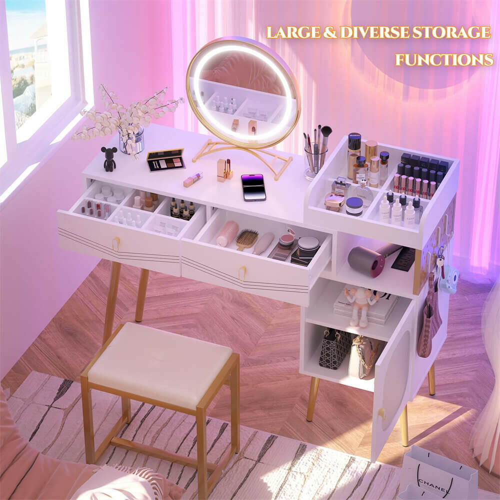 Unikito Vanity Desk with Charging Station, White Makeup Vanity with Lighted Mirror, Tri-Fold, Small Vanity Set with Drawers and 3 Outlets & 2 USB, 36'' Vanitys with Stool, Dressing Table