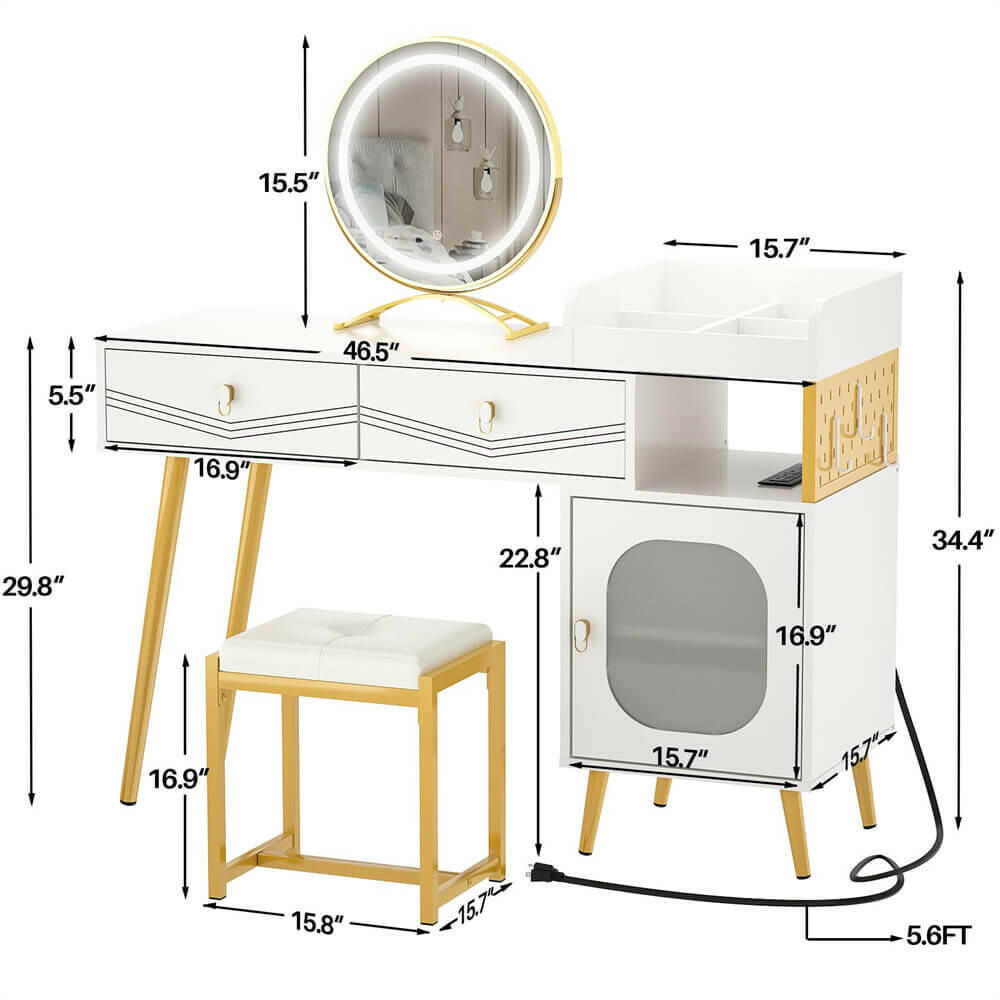 Unikito Vanity Desk with Charging Station, White Makeup Vanity with Lighted Mirror, Tri-Fold, Small Vanity Set with Drawers and 3 Outlets & 2 USB, 36'' Vanitys with Stool, Dressing Table