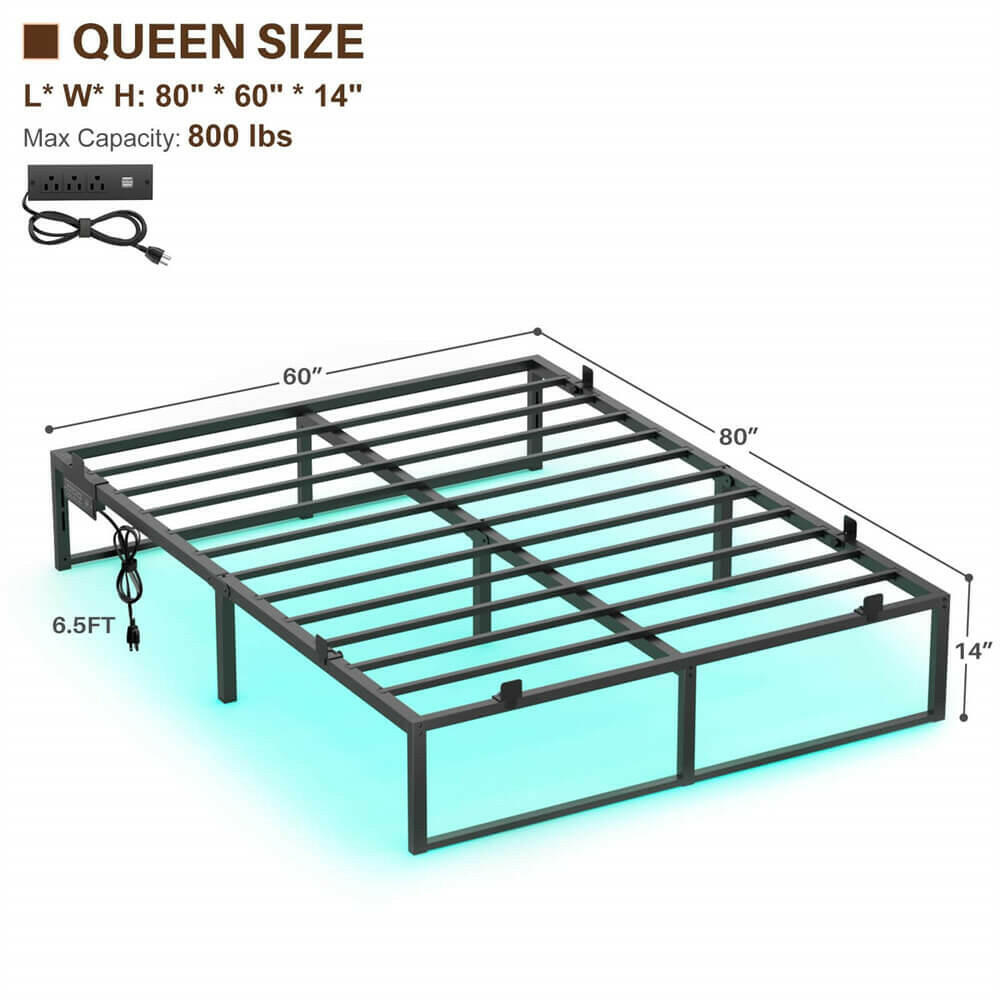 Unikito Bed Frame with Charging Station and LED Lights, Metal Platform Bed Frame with Non-Slip Mattress Gaskets, No Box Spring Needed, Easy Assembly